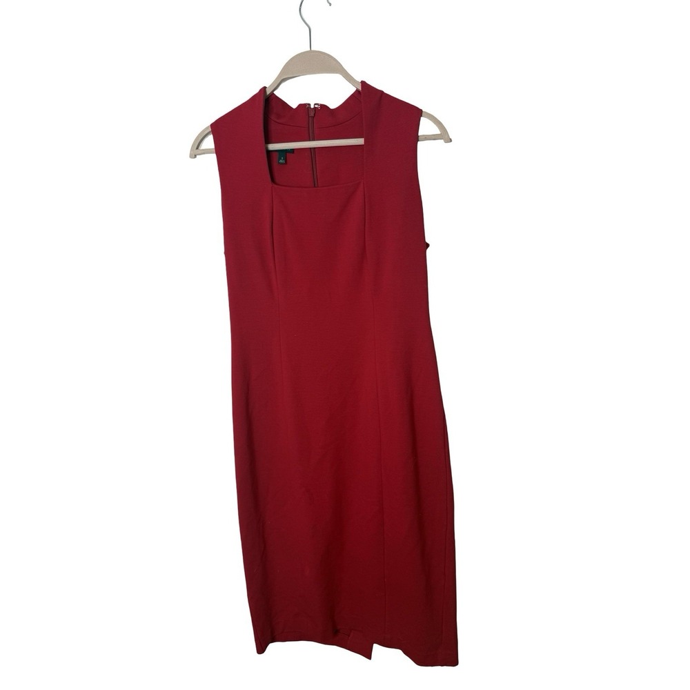 Talbots Dress Red Sheath Square Neckline Sleeveless 2 Mid Length